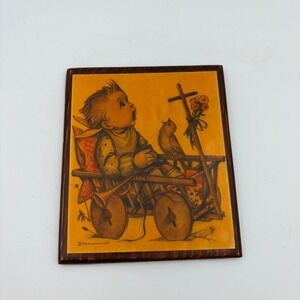 Vintage B Hummel Child with Bird Cart Wall Plaque Art Wood Framed 1975